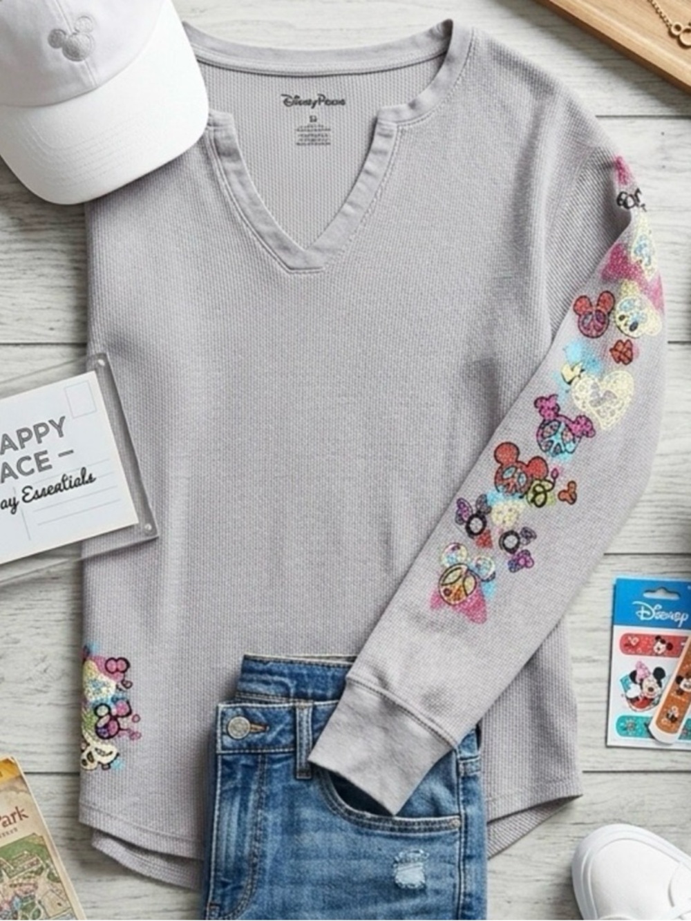 Disney Parks Waffle Knit Thermal Top XL Hidden Mickey Paisley Rainbow V-Neck